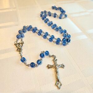 Blue Round Pressed Prayer Rosary with Madonna Centerpiece